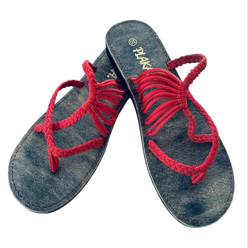 NWT Plaka Flat Boho Seashell Strappy Sandals red size 10